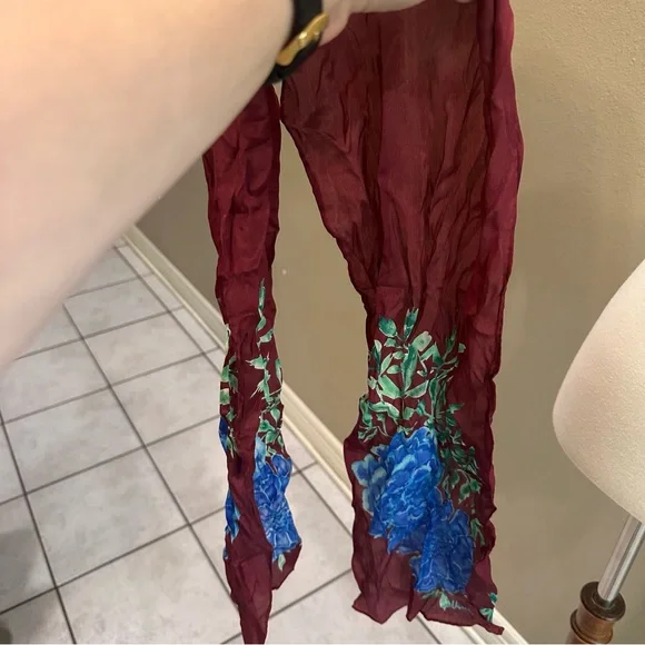 Elegant Floral Scarf in Burgundy and Blue Hydrangea Floral Silk - Picture 8 of 9